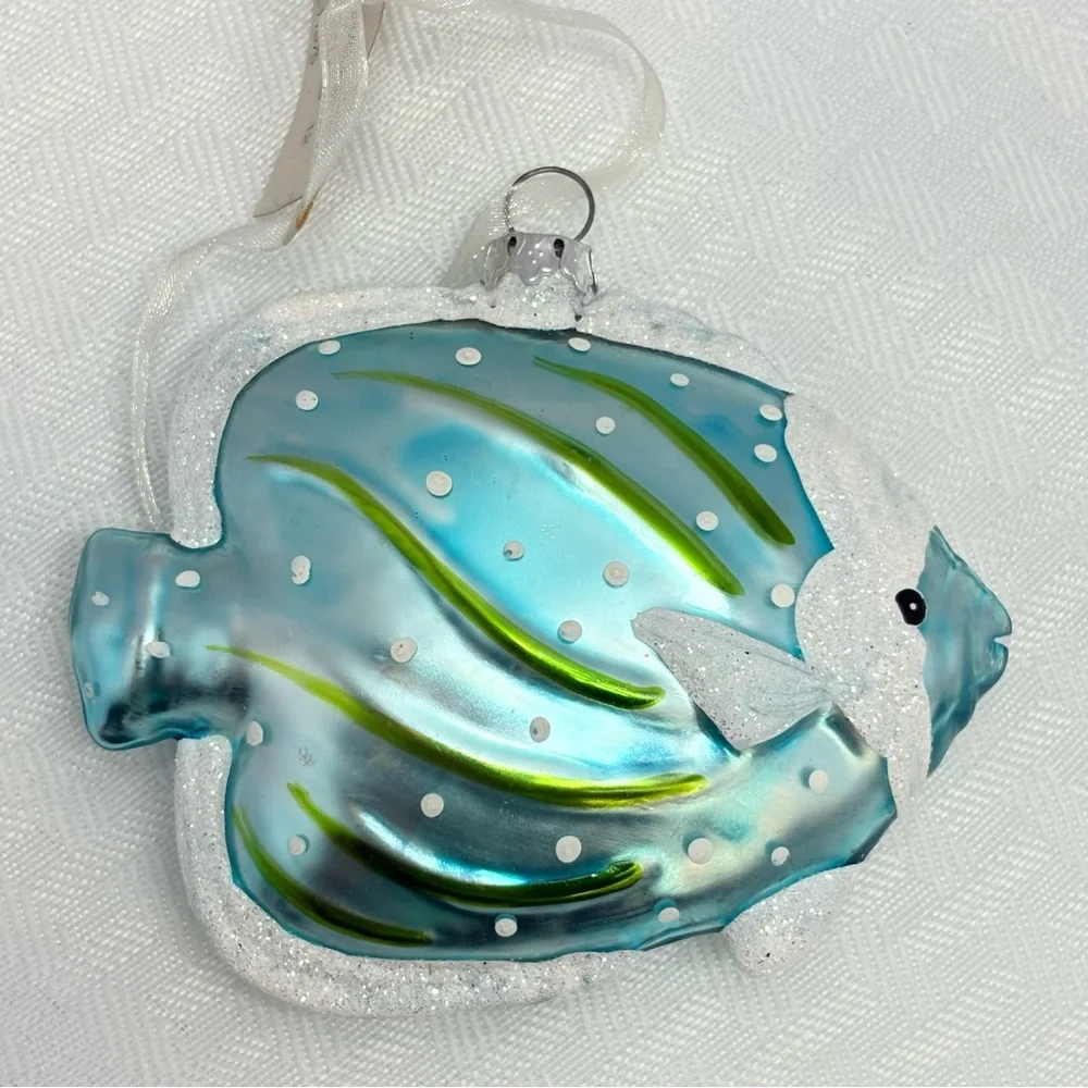 Vibrant Frosty blue and green glass blown Fish Christmas Ornament